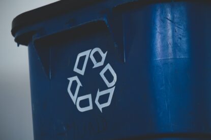 A blue recycling bin for LDPE Plastic