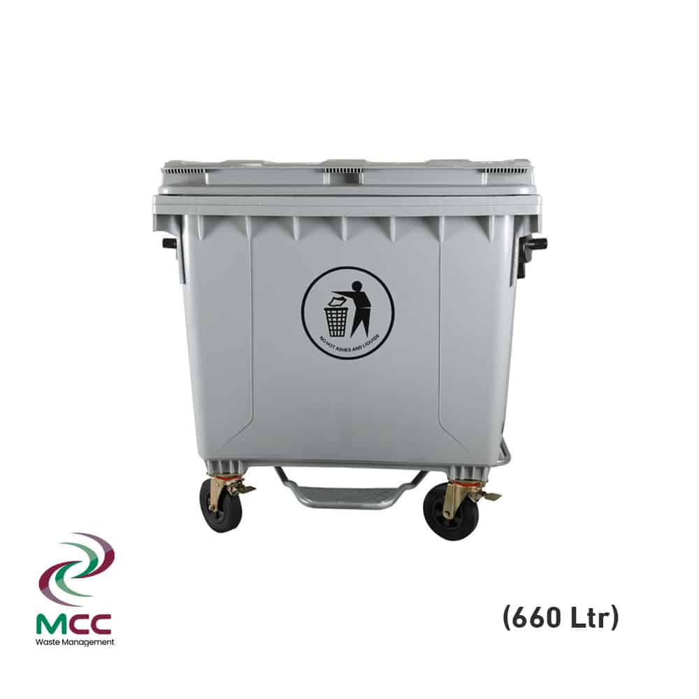 660 LTR Grey Plastic Waste Bin W/4 Wheels & Lid