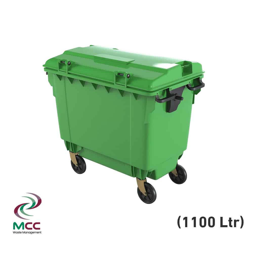 1100 LTR Green Plastic Garbage Bin W/ 4 Wheels